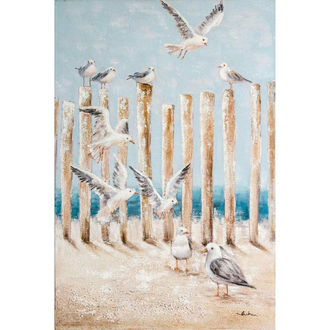 Möwen auf Pfeiler am Strand« Ölbild handbemalt