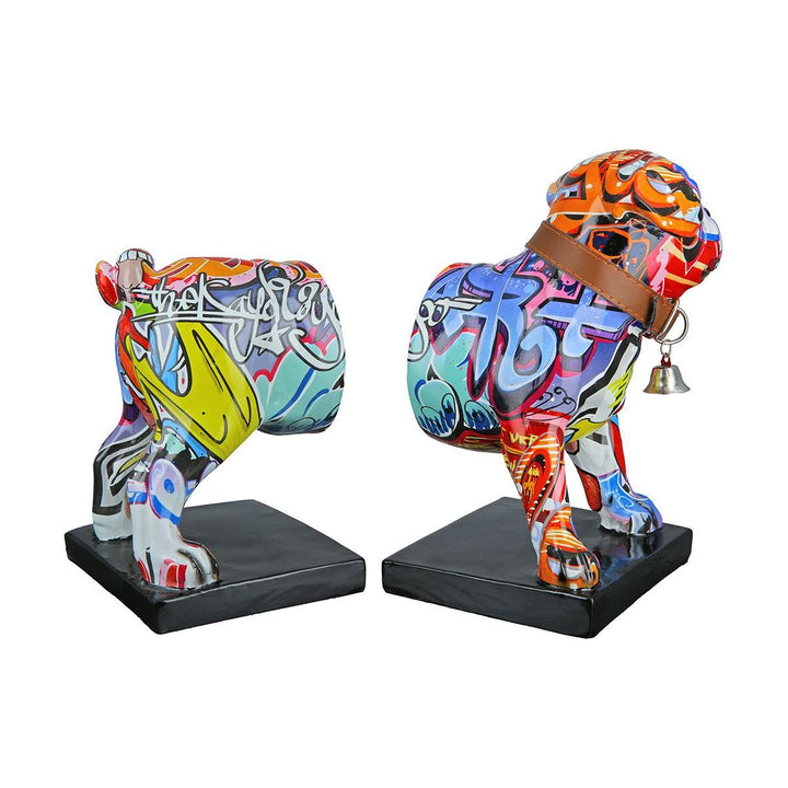 2tlg. Set, Buchstützen, Hund, "Street Art", Bulldogge, Graffiti, Kunstharz, mehrfarbig