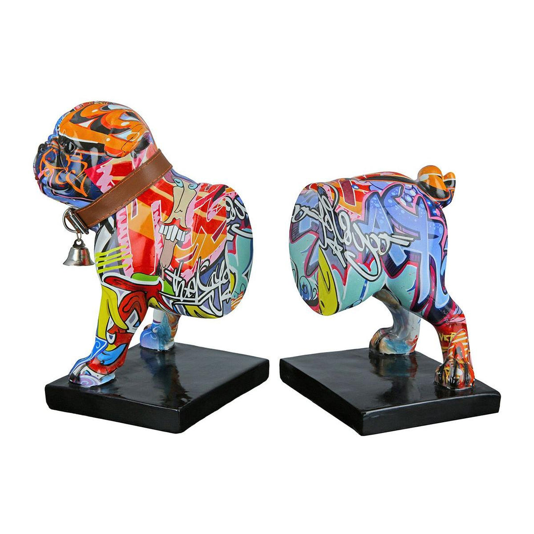 2tlg. Set, Buchstützen, Hund, "Street Art", Bulldogge, Graffiti, Kunstharz, mehrfarbig