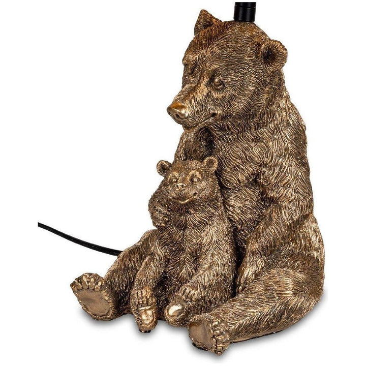 Tischlampe „Bär sitzend“ – Antik-Gold, 46 cm mit petrol-goldenem Stoffschirm