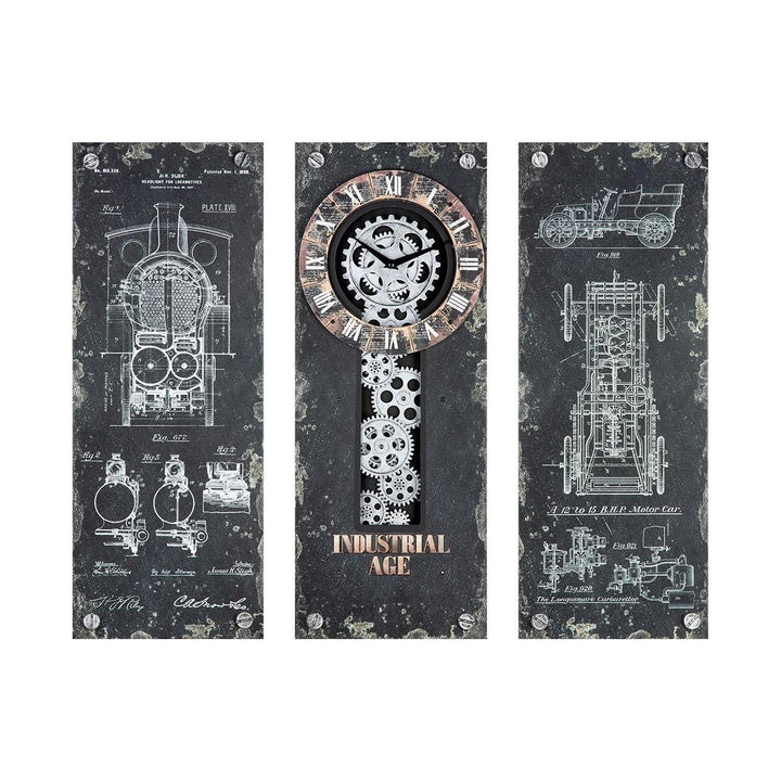 3tlg. Set, Wanduhr, rechteckig, "Steampunk", Zahnradmotiv, Metall