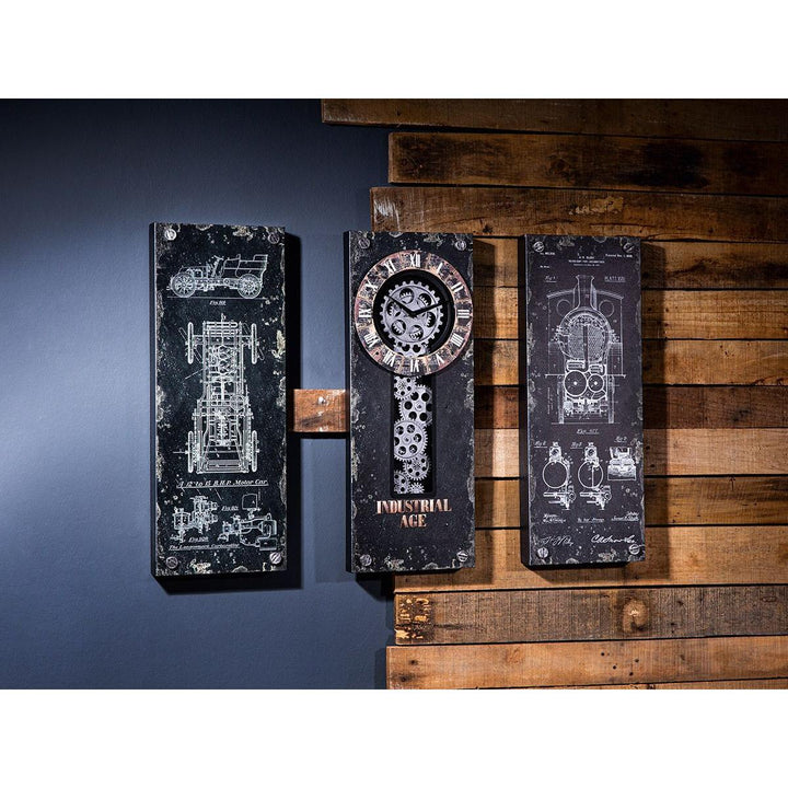 3tlg. Set, Wanduhr, rechteckig, "Steampunk", Zahnradmotiv, Metall