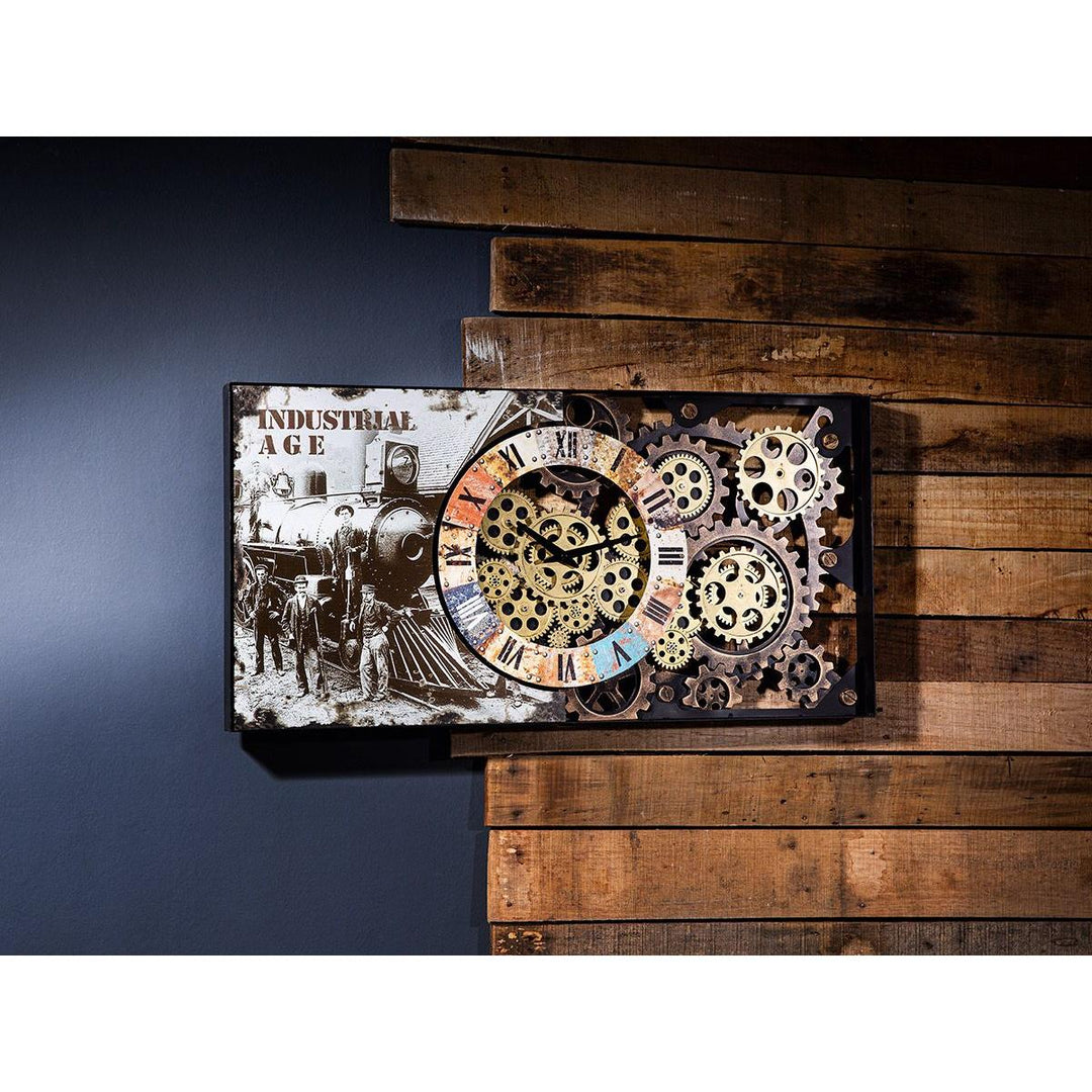 Wanduhr, rechteckig, "Industrial", Zahnradmotiv, Metall
