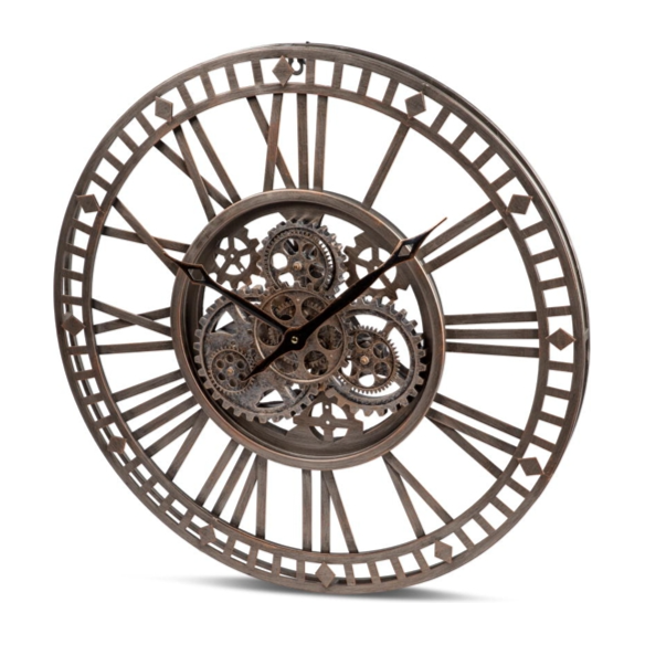 Wanduhr 60 cm antik-goldenem Metall mit sichtbar drehenden Zahnrädern