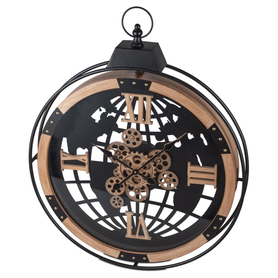 Wanduhr Weltkarte 66 cm aus Metall und sichtbar drehenden Zahnrädern