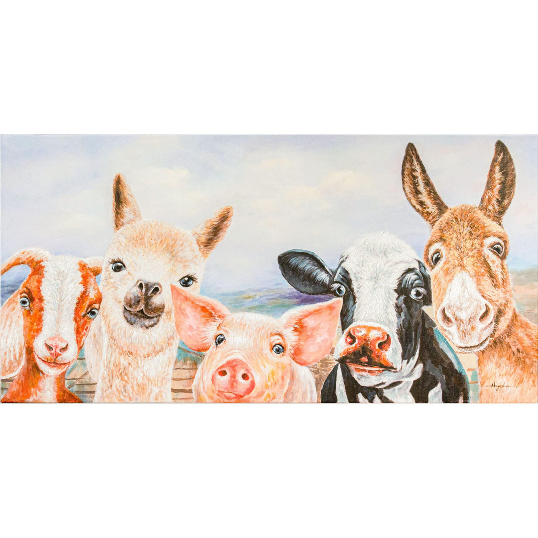 Tiergruppe Ziege-Lama-Schwein-Kuh-Esel« Ölbild handbemalt