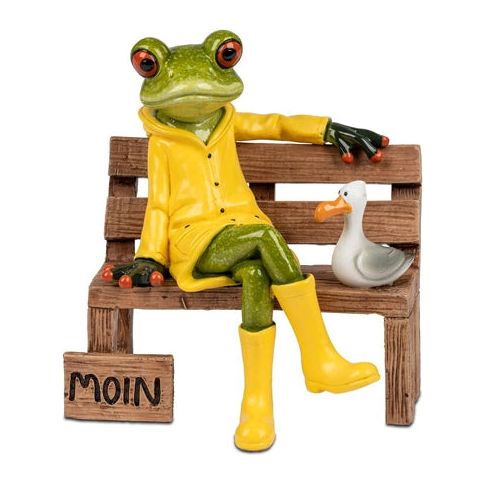 Dekofigur Frosch auf Bank „Moin“ – mit Möwe