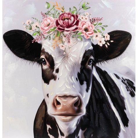 Wandbild „Kuh mit Blumen“ – 60 × 60 cm, Leinwand mit handbemalten Details