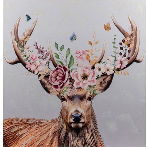 Wandbild „Hirsch mit Blumen“ – 60 × 60 cm, Leinwand mit handbemalten Details