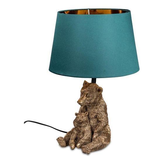 Tischlampe „Bär sitzend“ – Antik-Gold, 46 cm mit petrol-goldenem Stoffschirm
