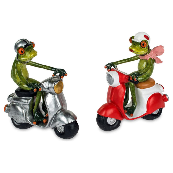 2er Set Dekofiguren „Frösche mit Helm auf Roller“ – Froschfrau & Froschmann