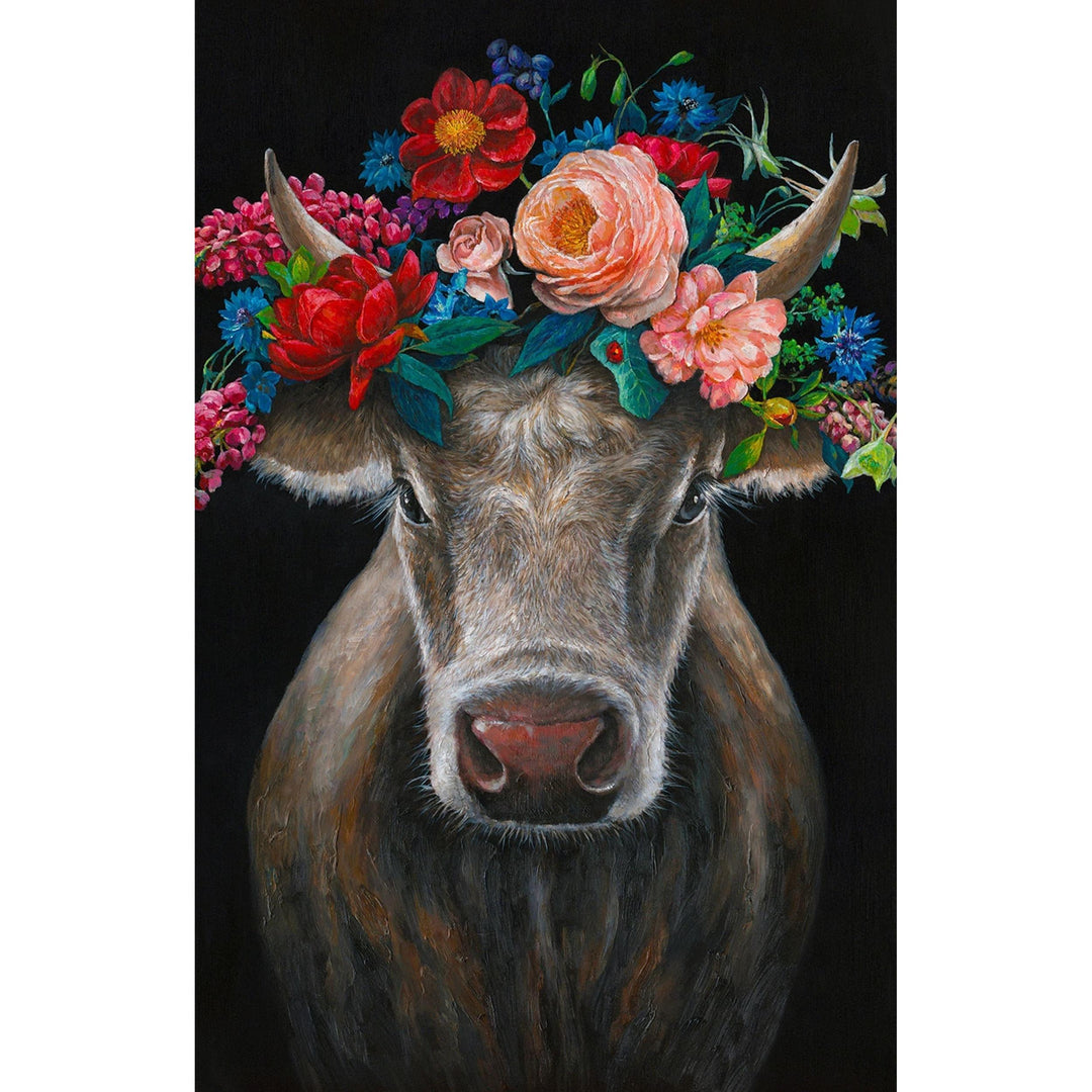 Kuh mit Blumenschmuck« Ölbild handbemalt