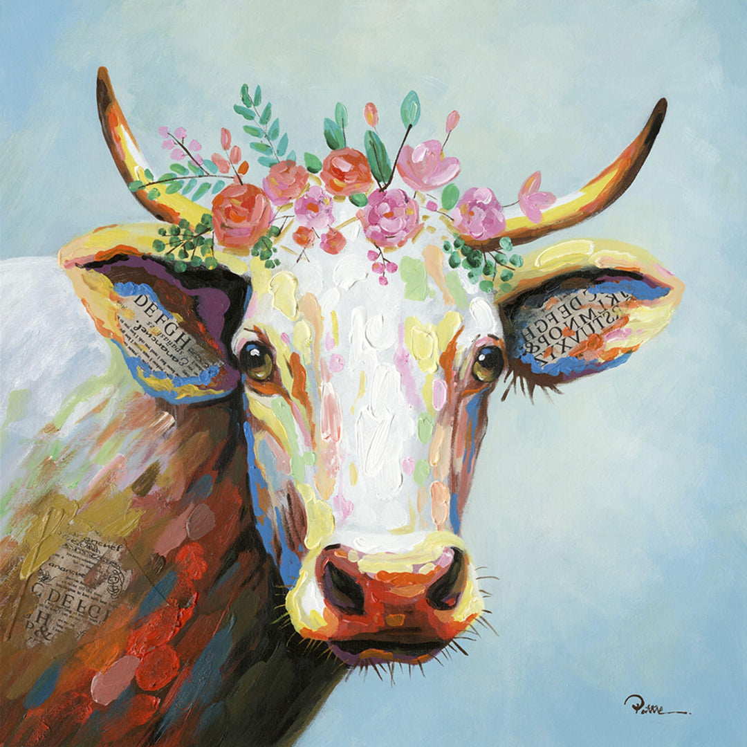 Bunte Kuh mit Blumen« Ölbild handbemalt