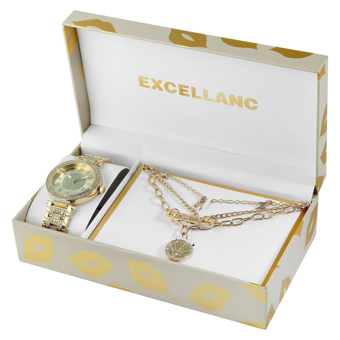 Excellanc Geschenkset mit Damenarmbanduhr und drei Ketten, Similibesatz in 3 Farben - Luxurelle-Shop
