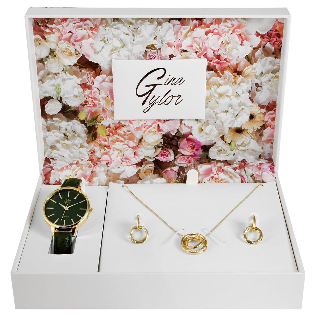 Gina Tylor Damengeschenkset mit Armbanduhr, Halskette und Ohrringen, dunkelgrün/goldfarbig - Luxurelle-Shop