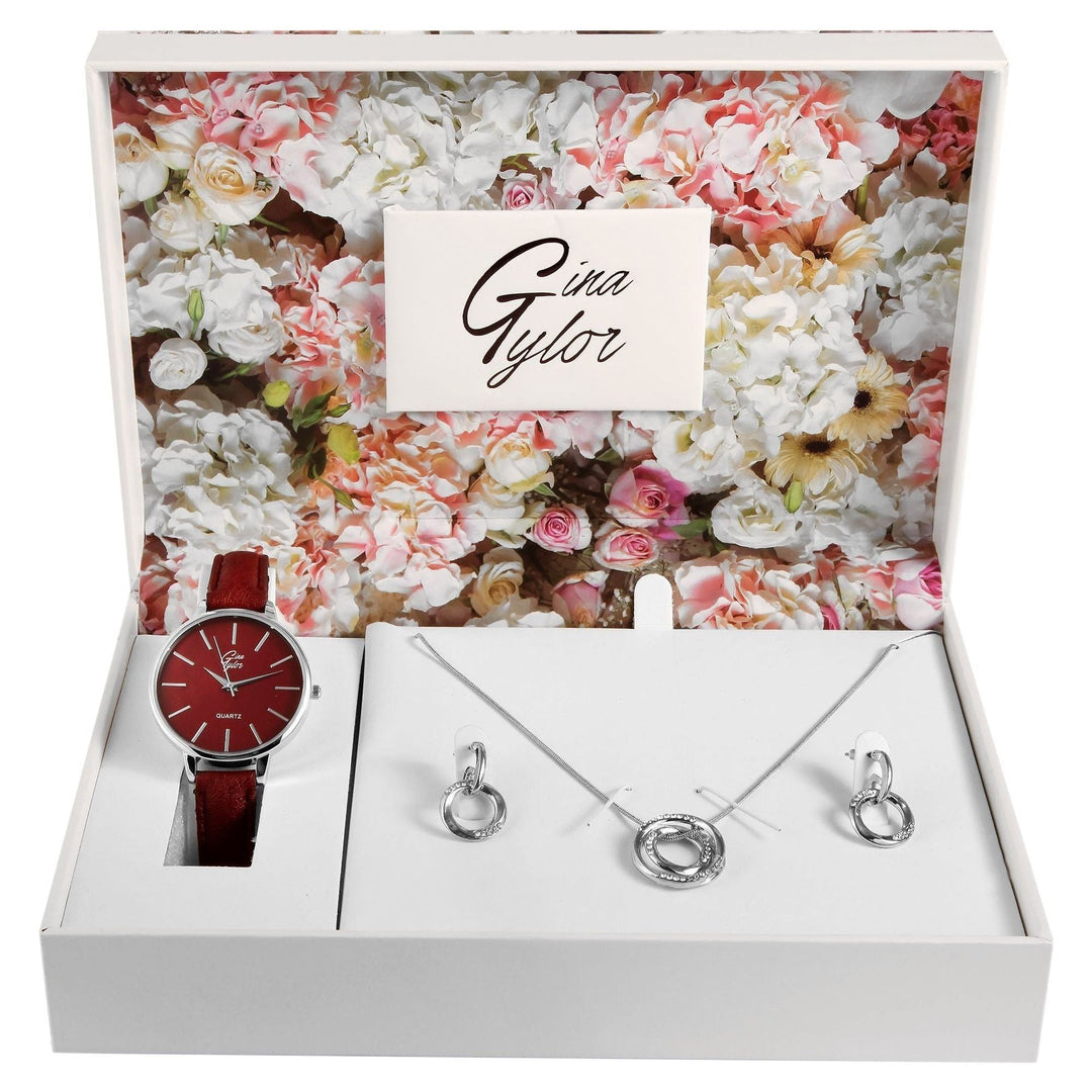 Gina Tylor Damengeschenkset mit Armbanduhr, Halskette und Ohrringen, dunkelrot/silberfarbig - Luxurelle-Shop
