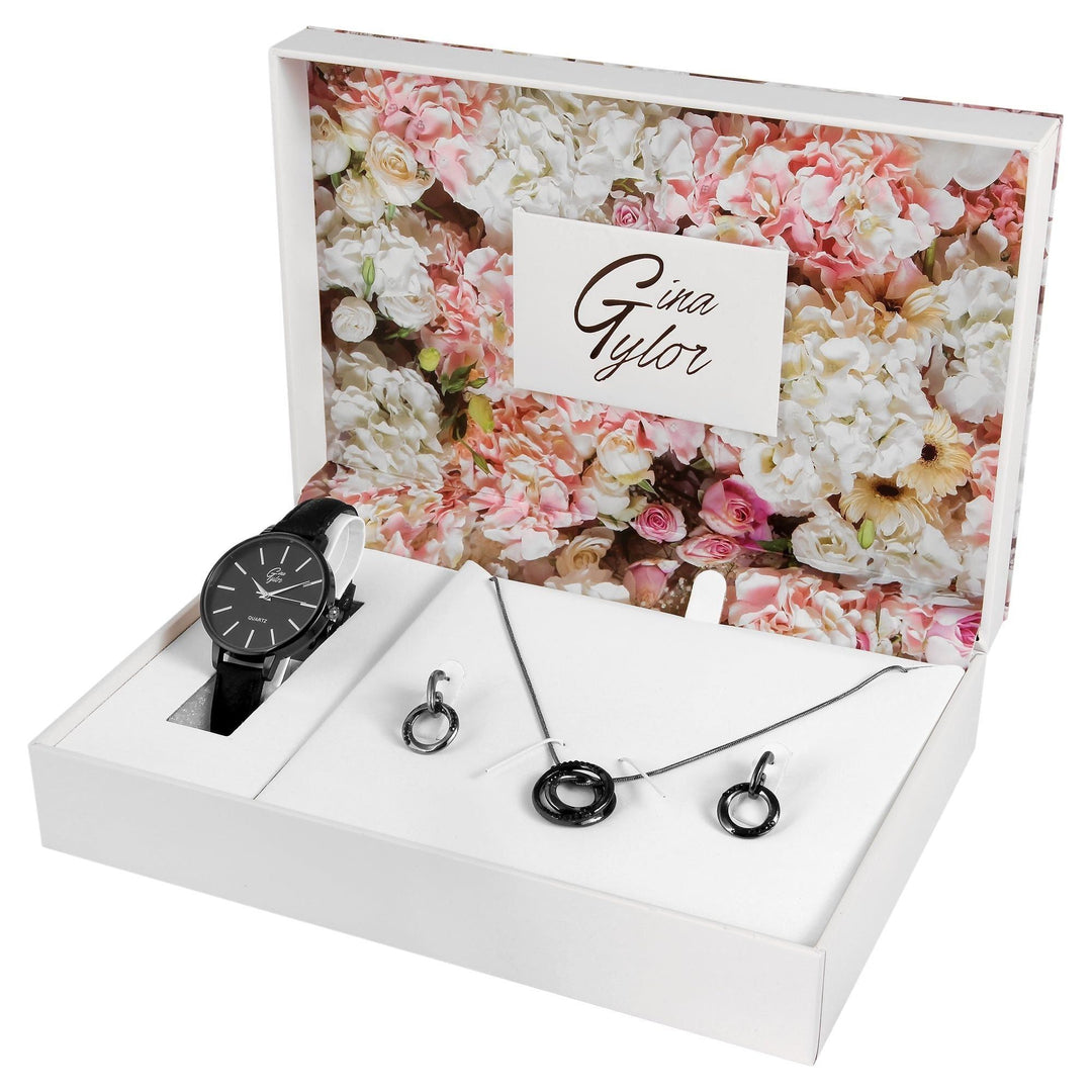 Gina Tylor Damengeschenkset mit Armbanduhr, Halskette und Ohrringen, schwarz/anthrazit - Luxurelle-Shop