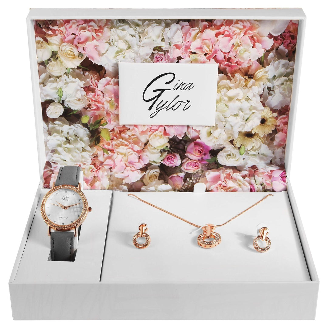 GinaTylor Damengeschenkset mit Armbanduhr, Halskette und Ohrringen,grau/roségoldfarbig - Luxurelle-Shop