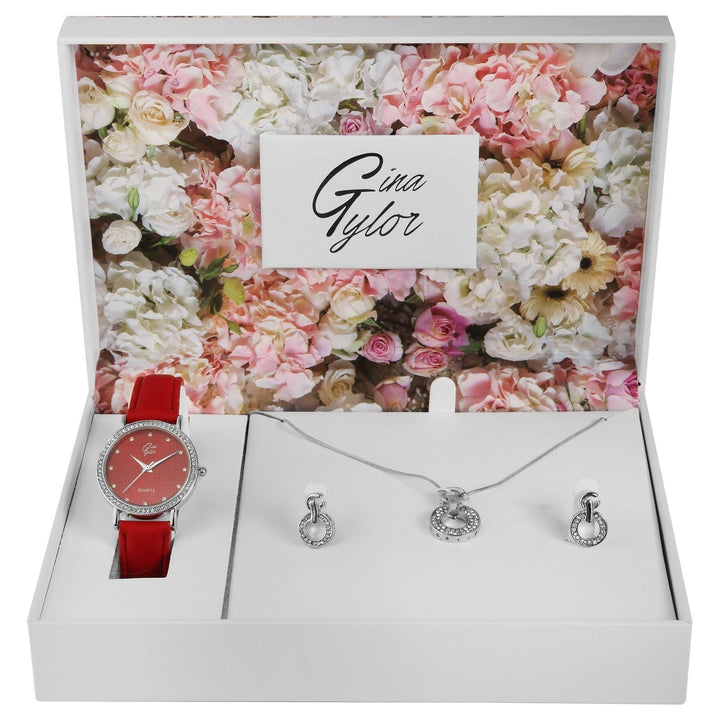 GinaTylor Damengeschenkset mit Armbanduhr, Halskette und Ohrringen,rot/silberfarbig - Luxurelle-Shop