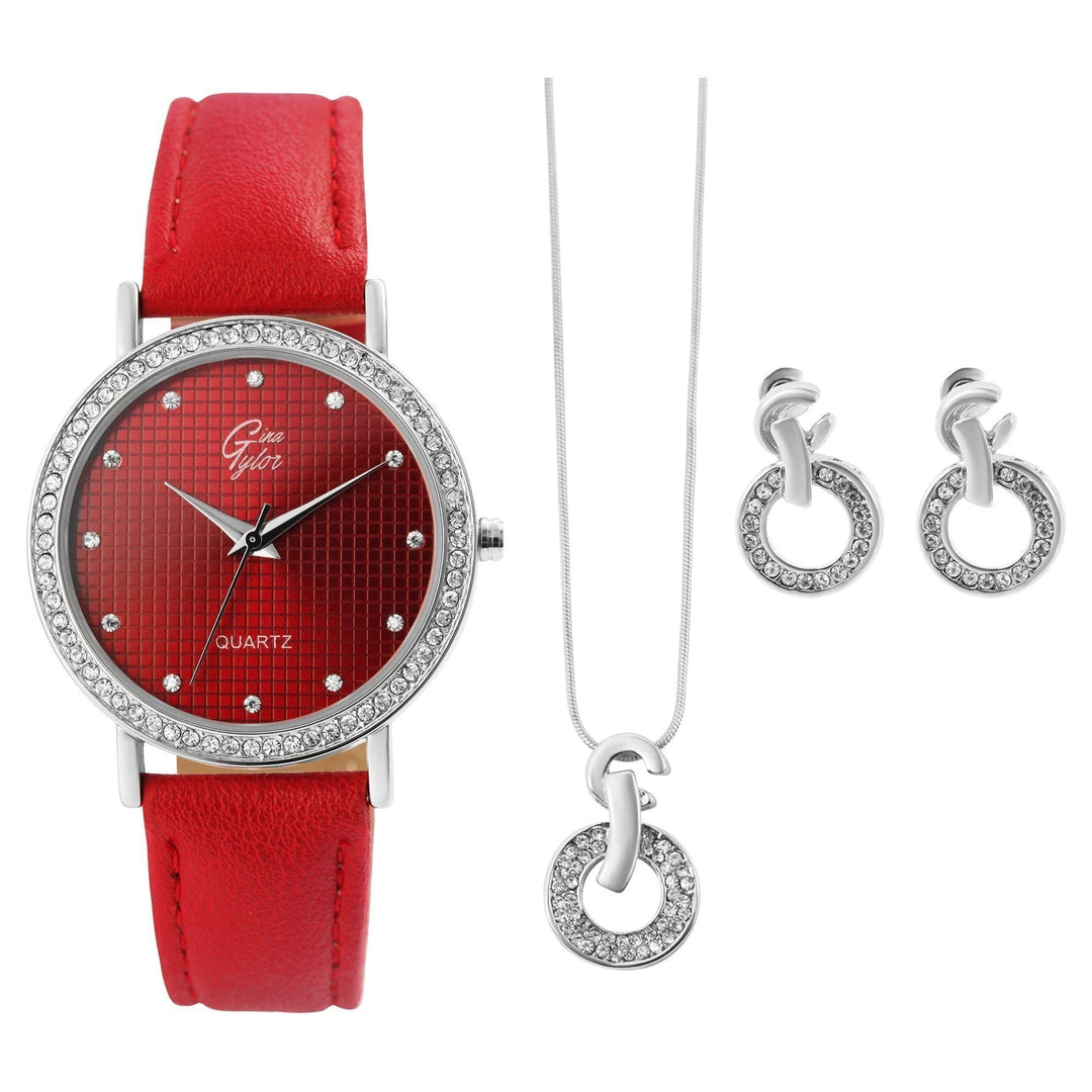 GinaTylor Damengeschenkset mit Armbanduhr, Halskette und Ohrringen,rot/silberfarbig - Luxurelle-Shop