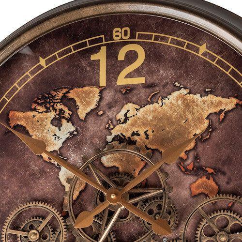 Wanduhr Weltkarte 62 cm Zahnrad Bewegung aus Metall