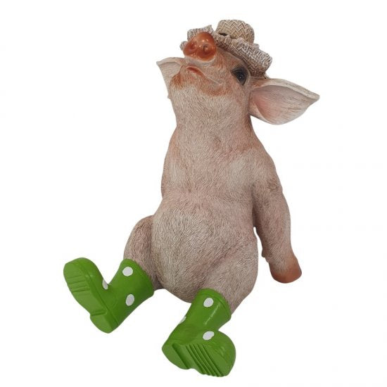 Schwein Figur mit Hut und grünen Gummistiefeln – lustige Dekofigur für Garten und Wohnraum, 27 cm