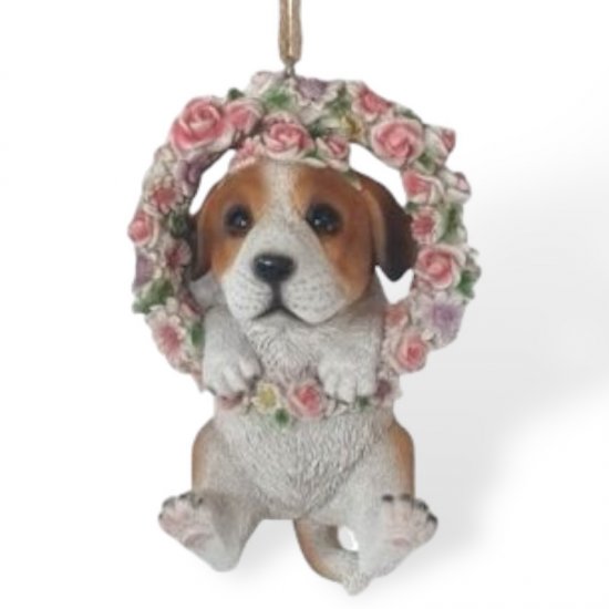 Blumenkranz mit Hund aus Kunstharz, 21 cm hoch, liebevolle Hängedekoration