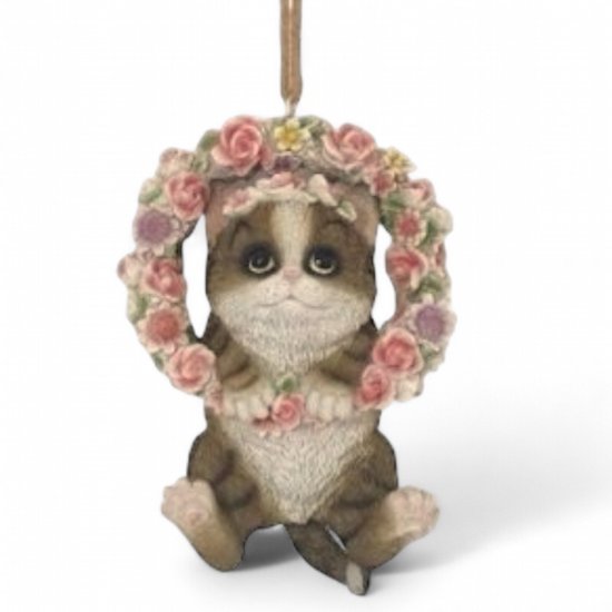 Blumenkranz mit Katze aus Kunstharz, 21 cm hoch, romantische Hängedekoration