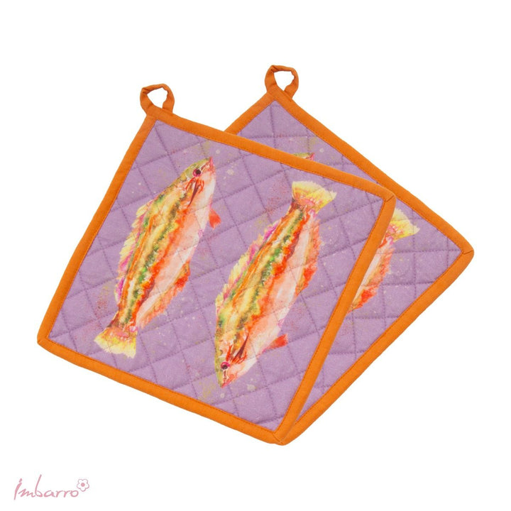 Topflappen Fisch Lila 2er Set – praktische Küchenhelfer aus Baumwolle mit maritimem Design