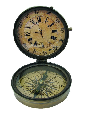 Kompass mit Uhr – antikes Messing Instrument im maritimen Vintage Stil