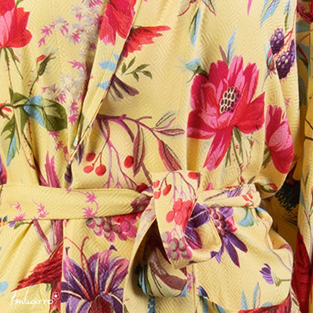 Kimono Gelb Multi – Tier Kimono mit farbenfrohen Vogelmotiven