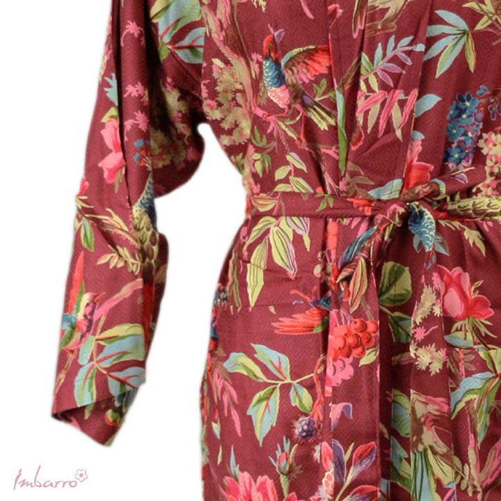 Kimono Lila Rot – Tier Kimono mit Vögeln im floralen Design