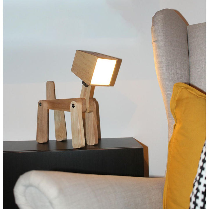Tischleuchte Hund Charlie – moderne Holzlampe mit Akku, Touchfunktion und flexiblem Design