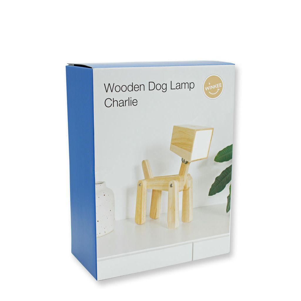 Tischleuchte Hund Charlie – moderne Holzlampe mit Akku, Touchfunktion und flexiblem Design