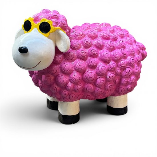 Deko Schaf mit Blumenbrille XL Rosa aus Kunstharz – originelle Tierfigur für Haus und Garten