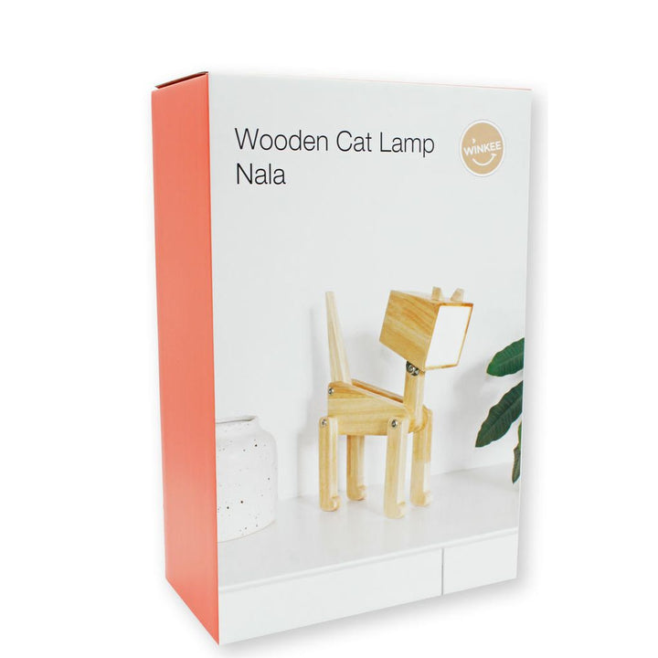 Tischleuchte Katze Nala – moderne Holzlampe mit Akku, Touchfunktion und flexiblem Design