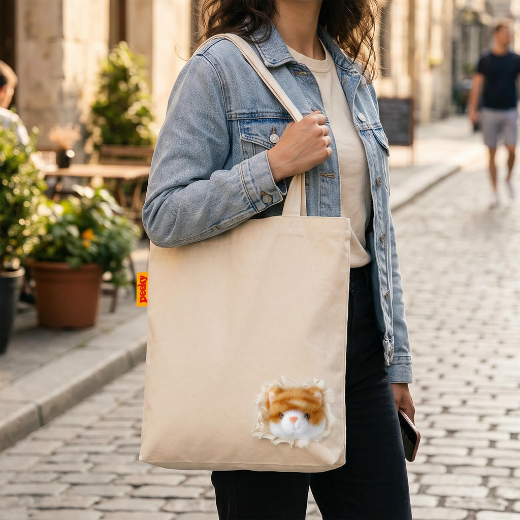 Stofftasche Peeky Katze mit Plüschmotiv in Creme