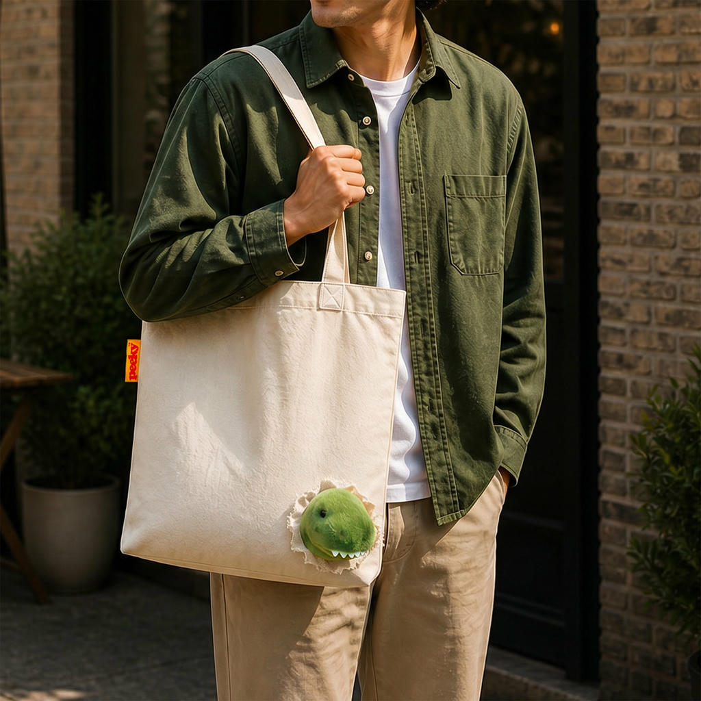 Stofftasche Peeky Dino mit Plüschmotiv in Creme