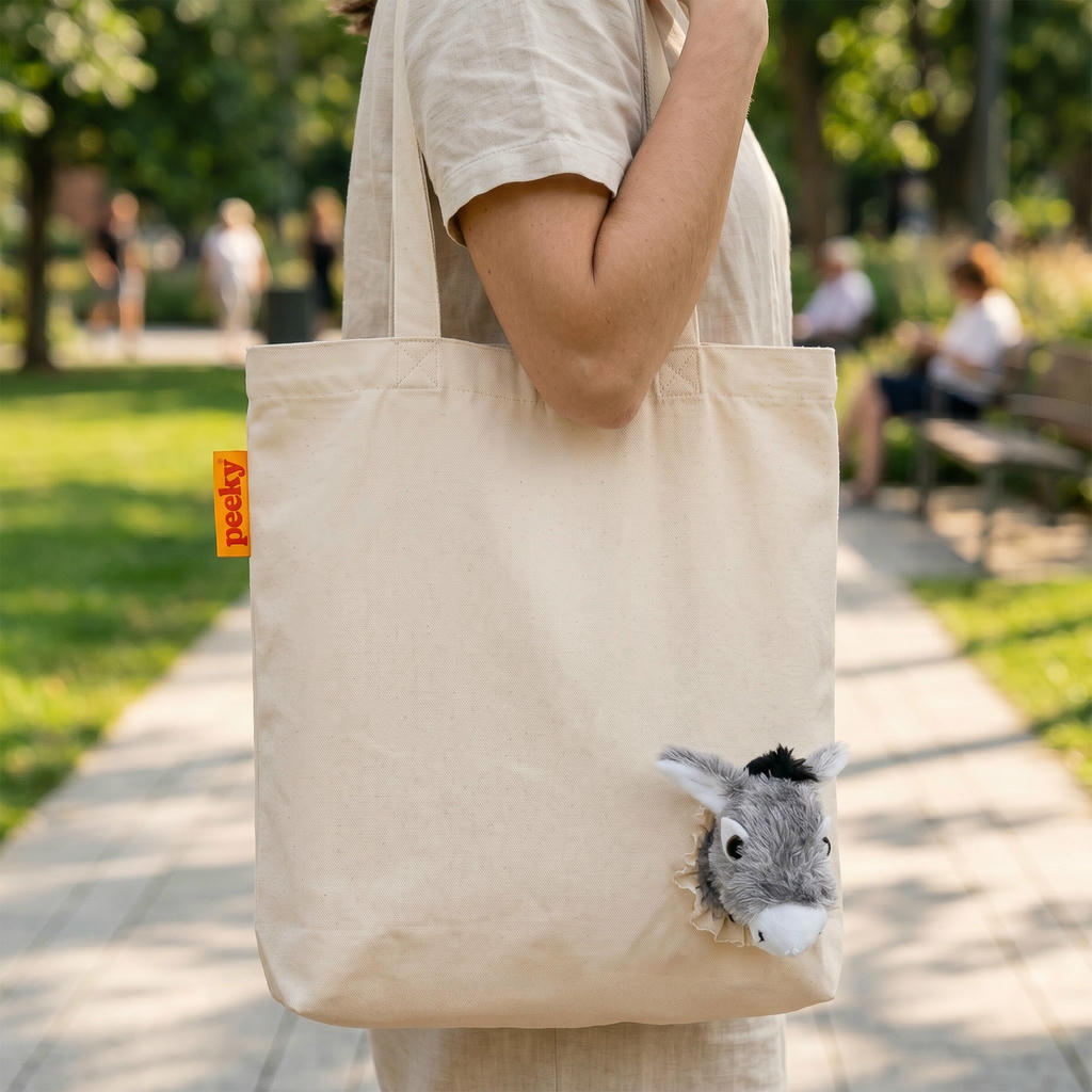 Stofftasche Peeky Esel mit Plüschmotiv in Creme