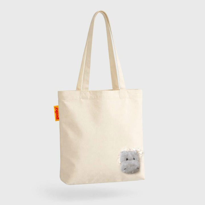 Stofftasche Peeky Hippo mit Plüschmotiv in Creme