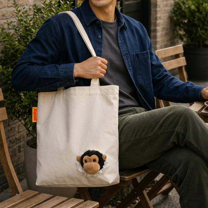 Stofftasche Peeky Affe mit Plüschmotiv in Creme
