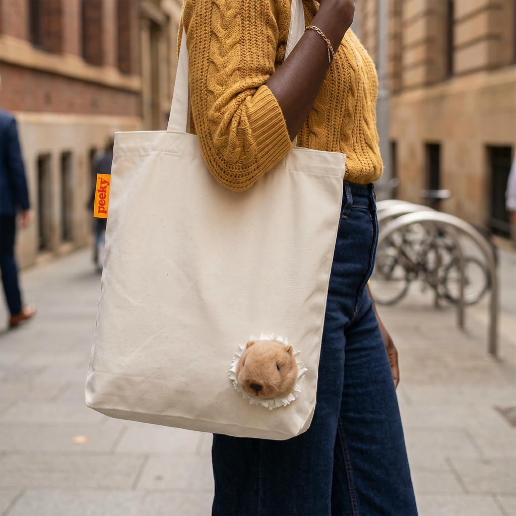 Stofftasche Peeky Capybara mit Plüschmotiv in Creme