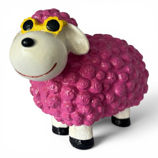 Deko Schaf mit Blumenbrille Rosa aus Kunstharz – originelle Tierfigur für Haus und Garten
