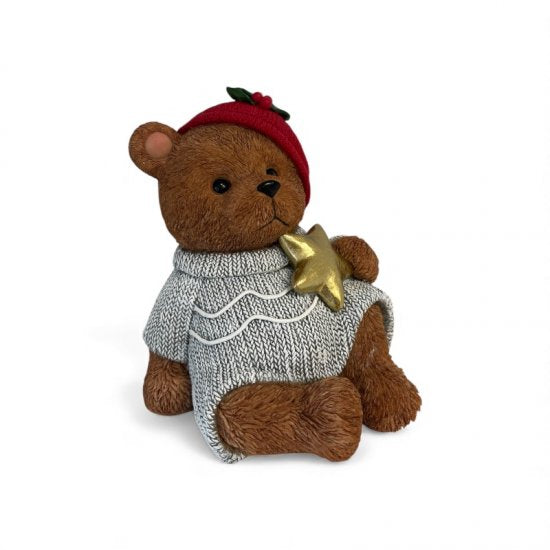 Weihnachtsbär mit Stern, dekorative Bärenfigur aus Kunstharz, 18 cm