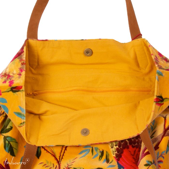 Shopper Tasche Paradise – elegante Samttasche mit floralem Design in Gelb