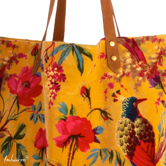 Shopper Tasche Paradise – elegante Samttasche mit floralem Design in Gelb