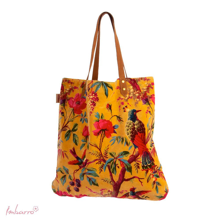 Shopper Tasche Paradise – elegante Samttasche mit floralem Design in Gelb