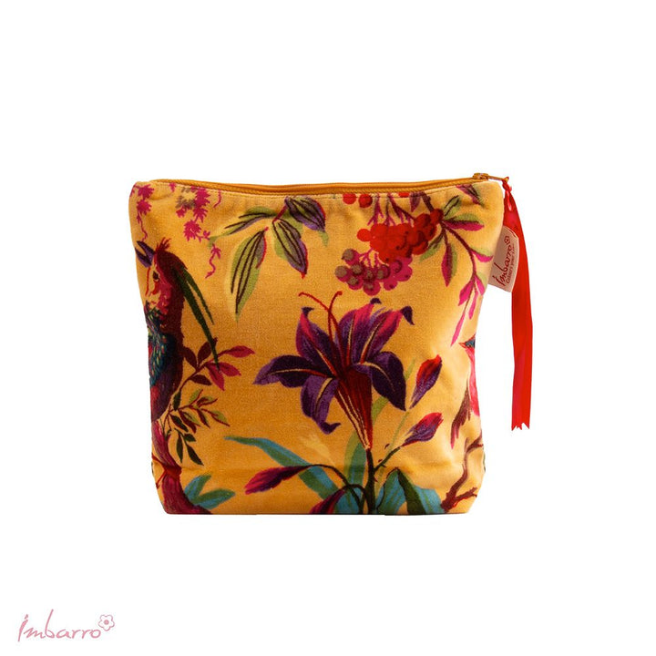Kosmetiktasche Blossom – stilvolle Samttasche mit floralem Vogelmotiv in 9 Farben