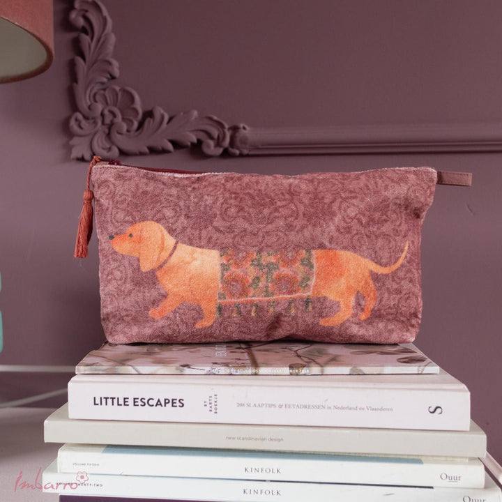 Velours Täschchen Pip mit Dackel, Rosa und Orange, 20 × 30 cm