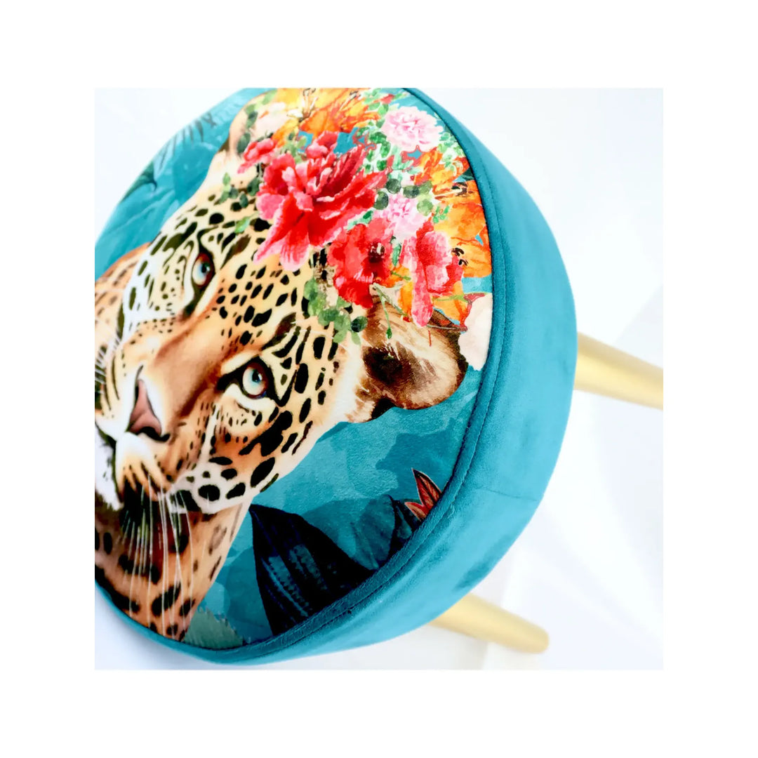 Hocker Leopard Ø 35 x 40 cm Samthocker mit Leopardenmotiv